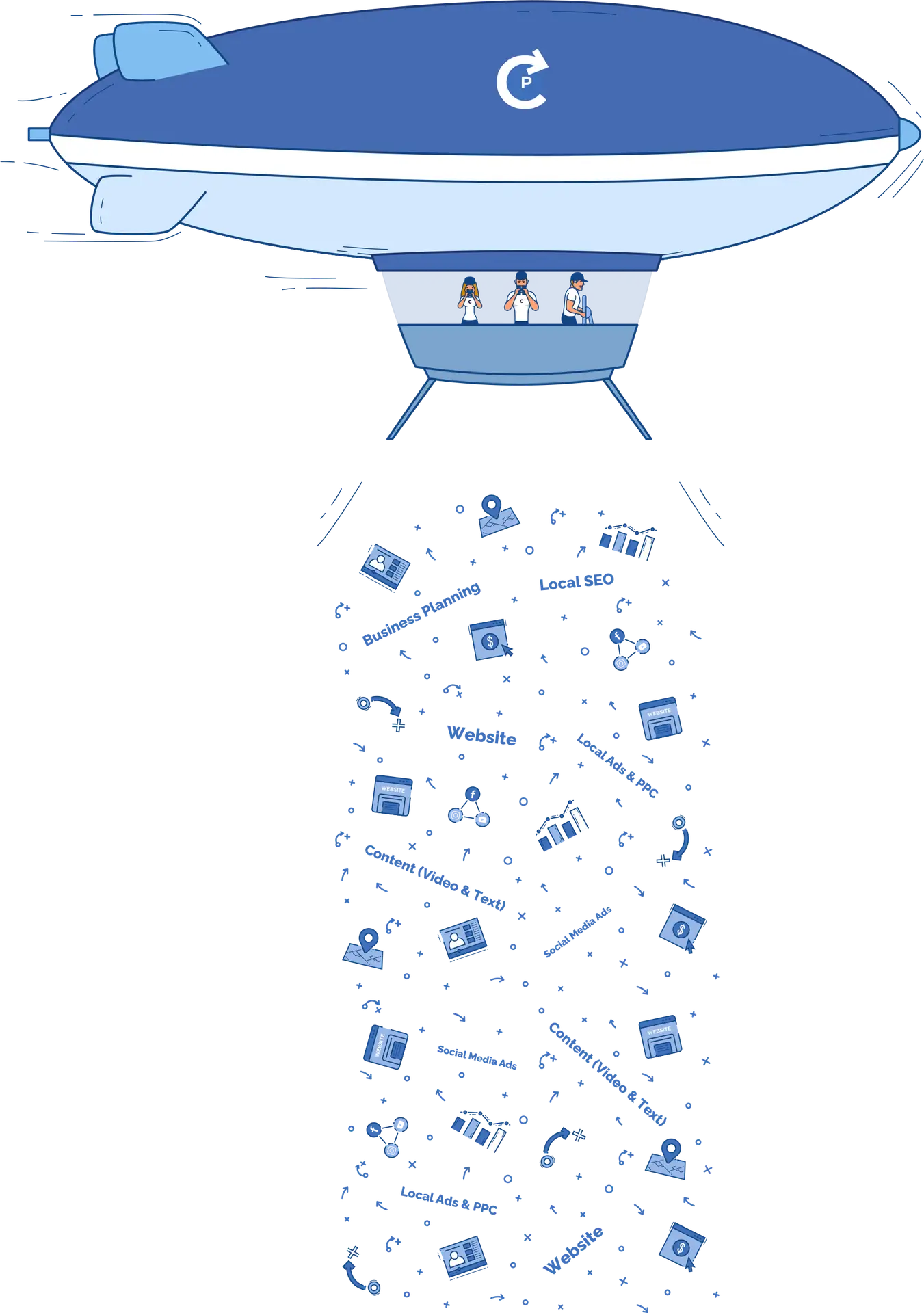 Illustration of a blue Chooz Marketing Zeppelin dropping little icons from the sky. There are three captains in the ship