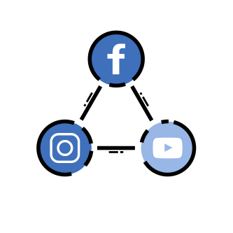 Three social media icons––facebook, instagram, youtube––in a triangle